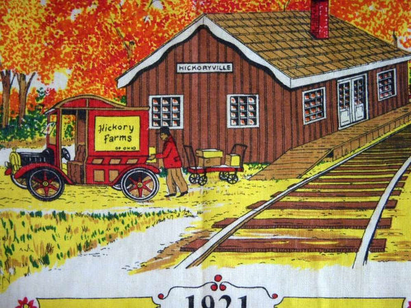 1970's Cloth Dish Towel Calendar, Hickory Farms Train Depot 1921 - GSaleHunter