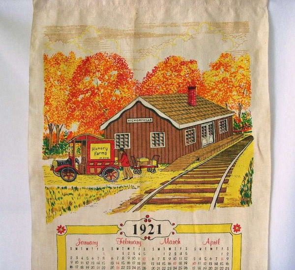 1970's Cloth Dish Towel Calendar, Hickory Farms Train Depot 1921 - GSaleHunter