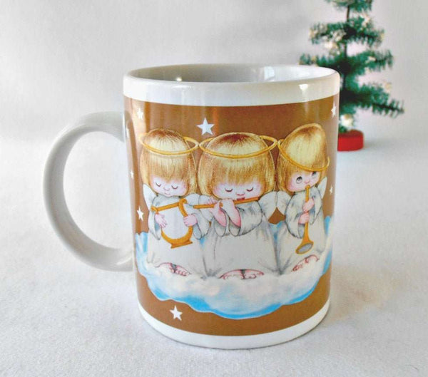 80's Hallmark Coffee Mug, Houston Harvest Musical Angel Trio on a Cloud - GSaleHunter