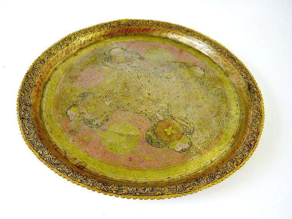 Antique Engraved Moroccan Brass 15" Round Tray Enamel Peacock Design - GSaleHunter