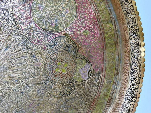 Antique Engraved Moroccan Brass 15" Round Tray Enamel Peacock Design - GSaleHunter