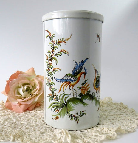 Bird & Butterfly Floral Round Tin by Massilly France, Lallier a Moustiers - GSaleHunter