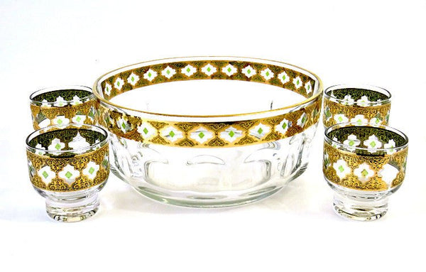 Culver Valencia 22K Gold Filigree Old Fashion Glasses & Bowl, Set of 5 - GSaleHunter
