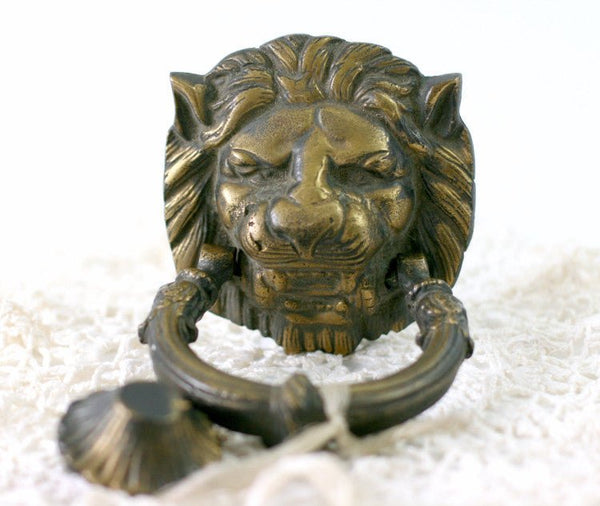 French Ornate Brass Large Lion's Head Door Knocker with Striker Plate - GSaleHunter