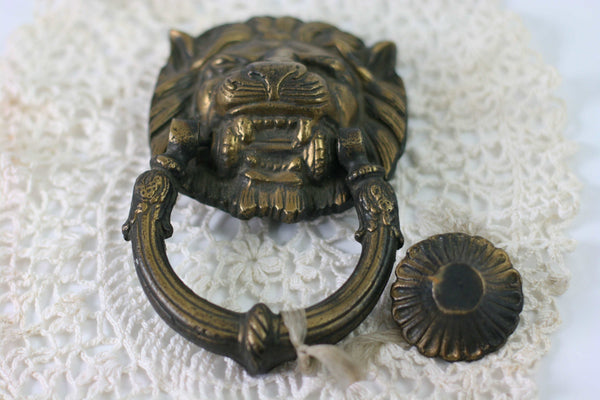 French Ornate Brass Large Lion's Head Door Knocker with Striker Plate - GSaleHunter