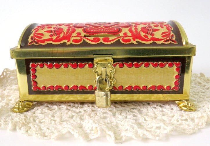 Gold & Red Fricke & Nacke Embossed Tin box w Lock, West Germany