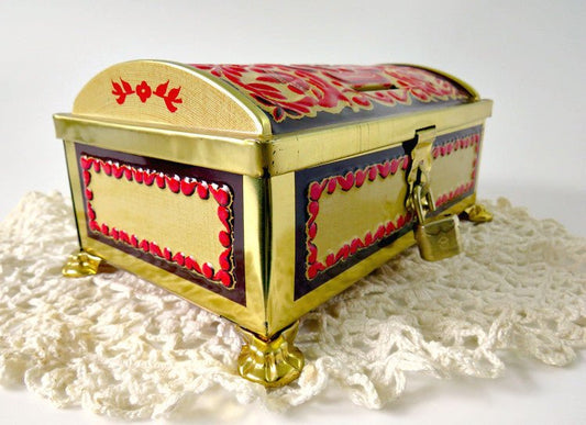 Gold & Red Fricke & Nacke Embossed Tin box w Lock, West Germany - GSaleHunter