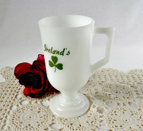 Irish Coffee Ireland Shamrock Footed Milk Glass Mug 3 Leaf Clover - GSaleHunter