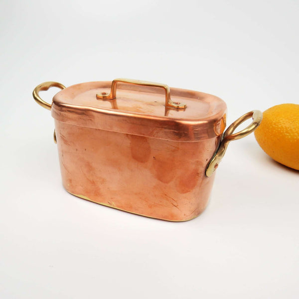 RARE Vintage Hammered Copper Pate Pan Terrine with Lid Brass Handles, Stash Box - GSaleHunter