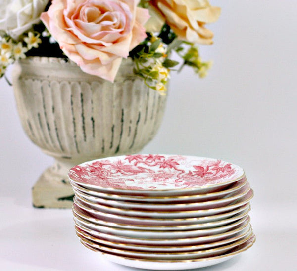 Royal Crown Derby China, Aves Red A74, 6 1/4" Scalloped Bread & Butter Plates, Set of 11 - GSaleHunter