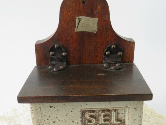 Rustic French Farmhouse Salt Box, Wood Lid and Pottery Incised SEL - GSaleHunter