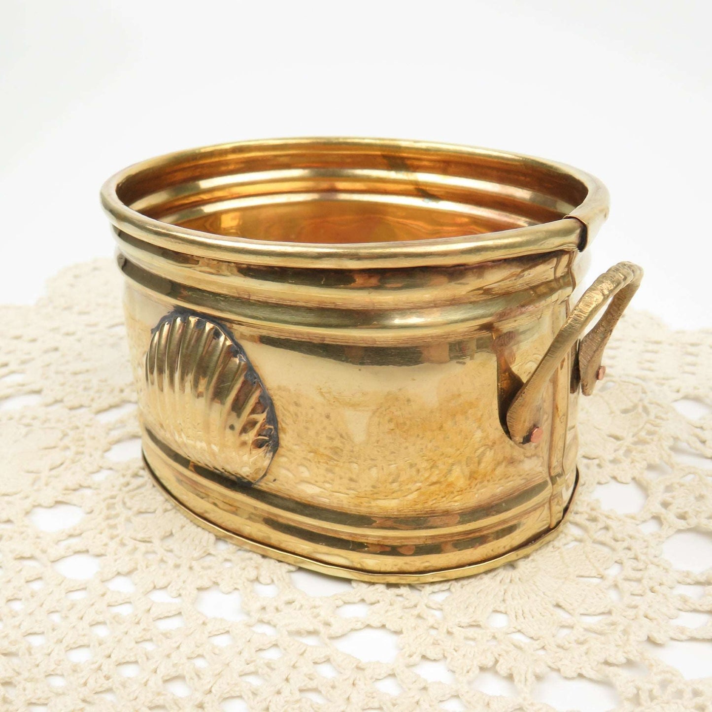 Vintage 5" Solid Brass Planter Two Handles, Seashell Scallop Clam Medallion - GSaleHunter