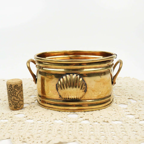 Vintage 5" Solid Brass Planter Two Handles, Seashell Scallop Clam Medallion - GSaleHunter