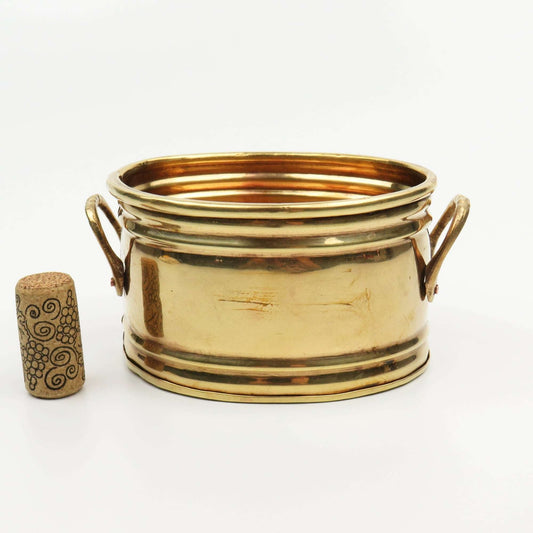 Vintage 5" Solid Brass Planter Two Handles, Seashell Scallop Clam Medallion - GSaleHunter