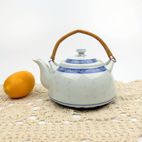 Vintage Blue & White Mini Teapot & Lid Rice Flower by TIENSHAN, Made in China - GSaleHunter