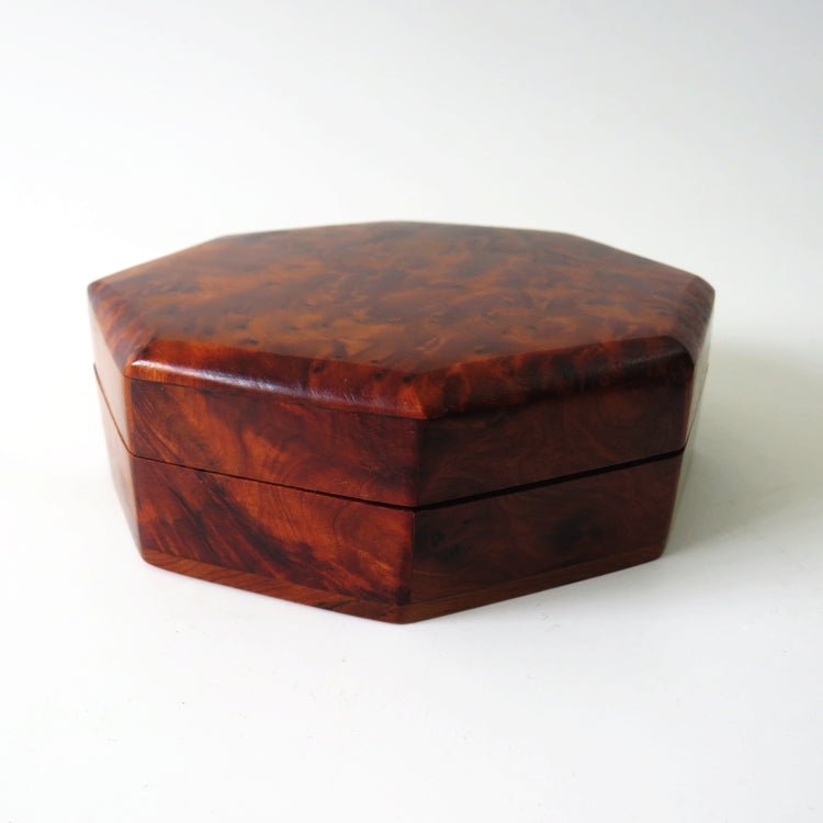 Vintage Burl Wood Handcrafted Octagon Shape Fitted Box - GSaleHunter