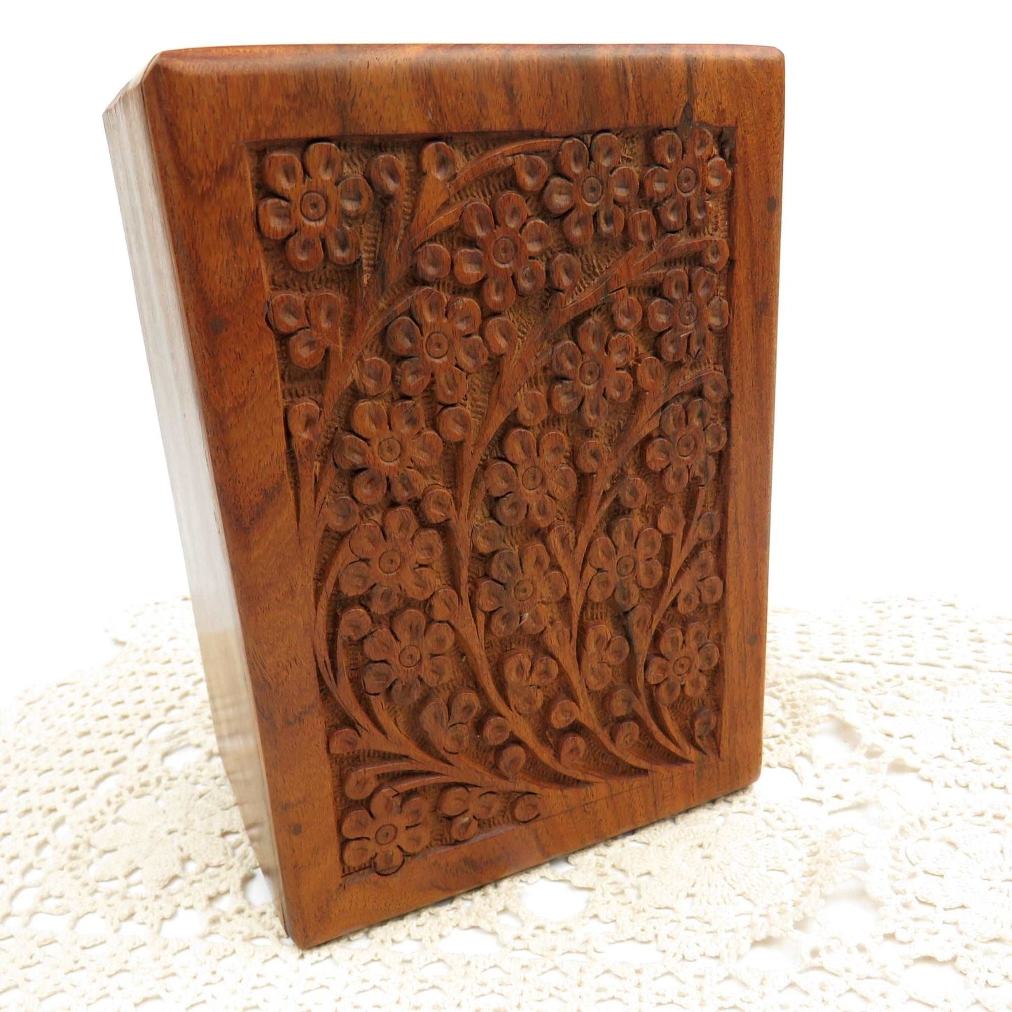 Vintage Hand Carved Floral Rosewood Stash Box Hidden Slide Out Door Hand Crafted - GSaleHunter