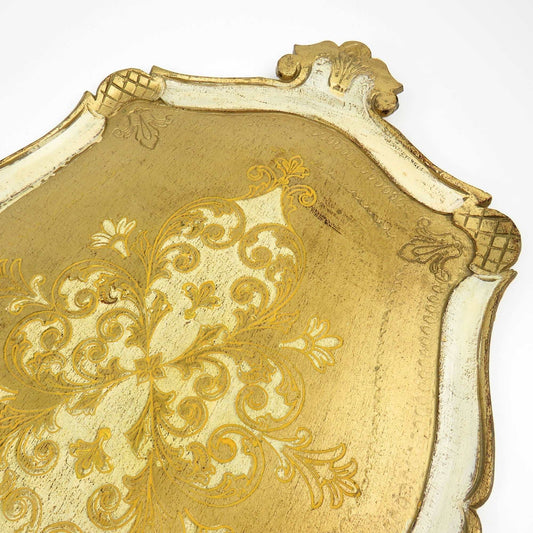 Vintage Italy Florentine Hand Painted Wood Tray White Gold Gild with Handles - GSaleHunter