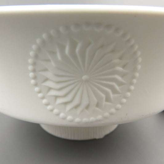 Vintage Kaiser West Germany MCM White Bisque Porcelain Footed Bowl, Emperor Pattern Floral Optic Medallions Toscana - GSaleHunter