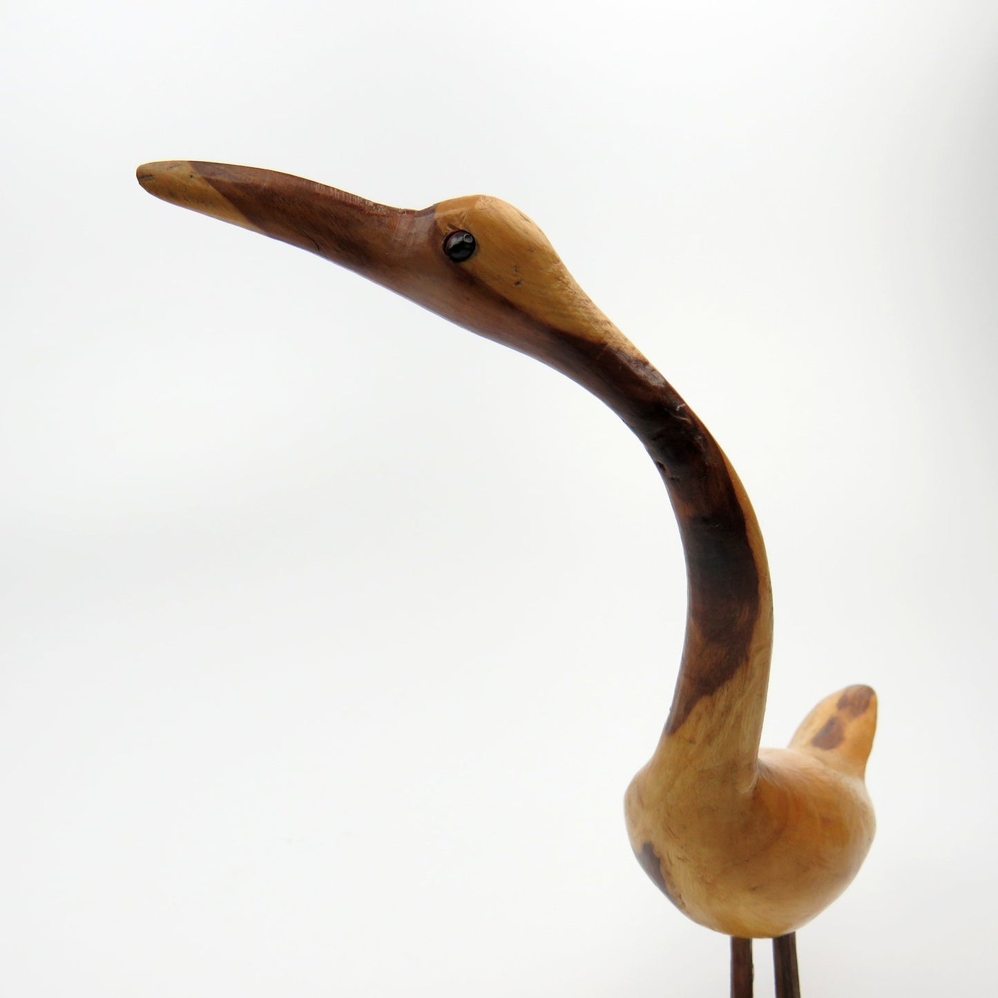 Vintage Mid Century Hand Carved Desert Ironwood Goose/Crane Wood Carving w Glass Eyes - GSaleHunter