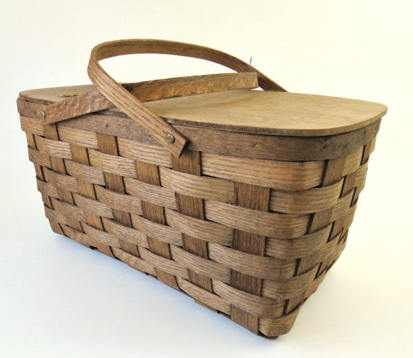 Vintage Putney Basketville Picnic Basket Set, Woven Split Oak Wood - GSaleHunter