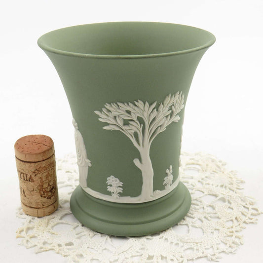 Vintage Trumpet Spilled Mini Vase 4" Cream on Celadon Green Sage Footed SACRIFICE OF POMONA - GSaleHunter