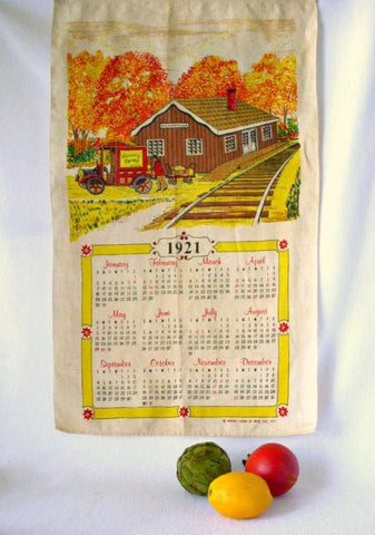 1970's Cloth Dish Towel Calendar, Hickory Farms Train Depot 1921 - GSaleHunter