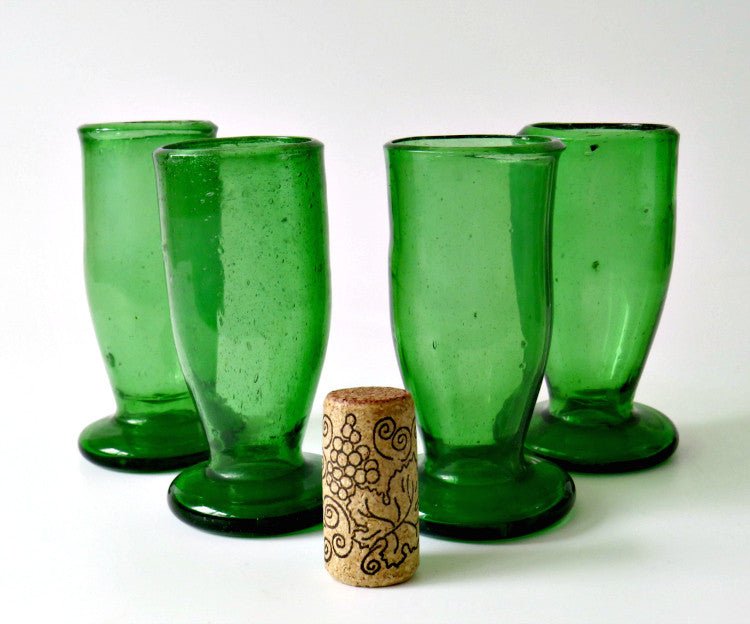 19th Century Hand Blown Iron Green Cordial Sherry Glasses, Set of 4 - GSaleHunter