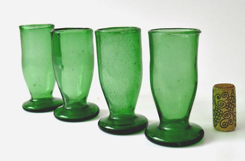 19th Century Hand Blown Iron Green Cordial Sherry Glasses, Set of 4 - GSaleHunter
