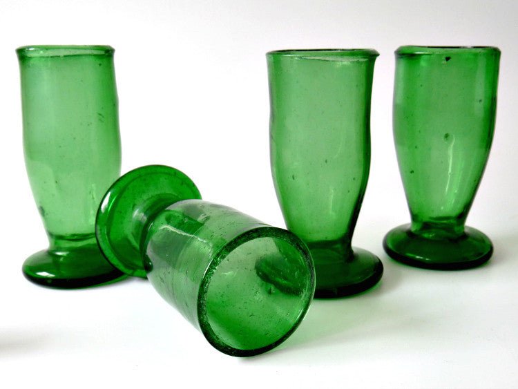 19th Century Hand Blown Iron Green Cordial Sherry Glasses, Set of 4 - GSaleHunter