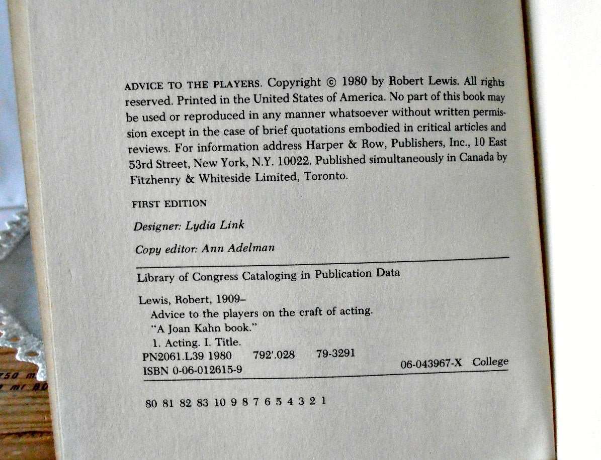 "Advice to the Players" by Robert Lewis First Edition, 1980 Harper & Row - GSaleHunter