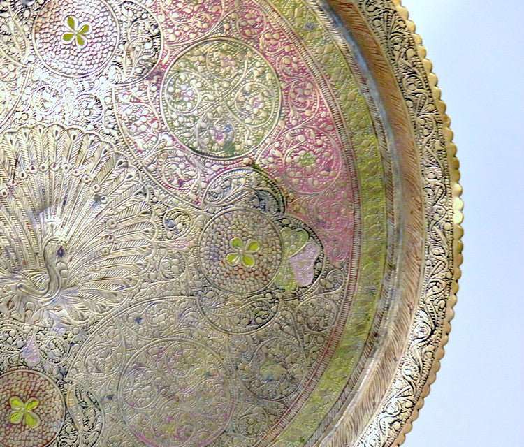 Antique Engraved Moroccan Brass 15" Round Tray Enamel Peacock Design - GSaleHunter