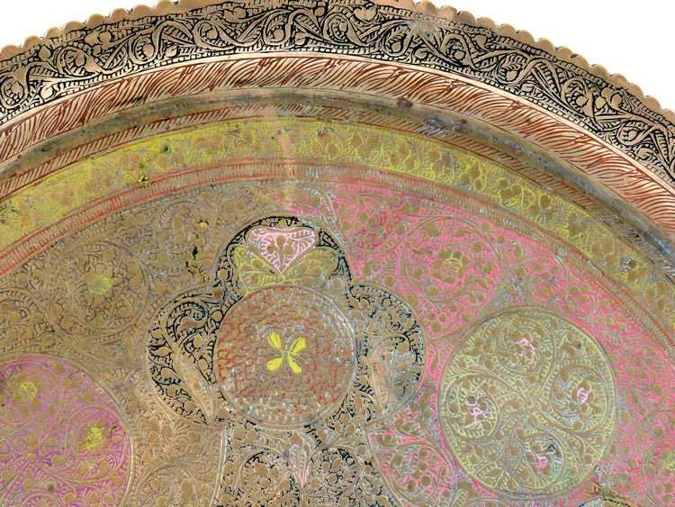 Antique Engraved Moroccan Brass 15" Round Tray Enamel Peacock Design - GSaleHunter