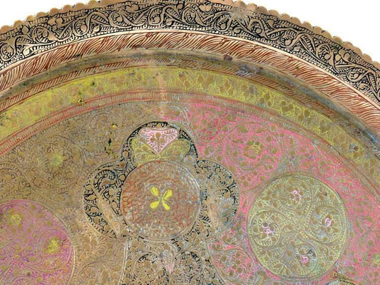 Antique Engraved Moroccan Brass 15" Round Tray Enamel Peacock Design - GSaleHunter