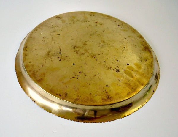 Antique Engraved Moroccan Brass 15" Round Tray Enamel Peacock Design - GSaleHunter