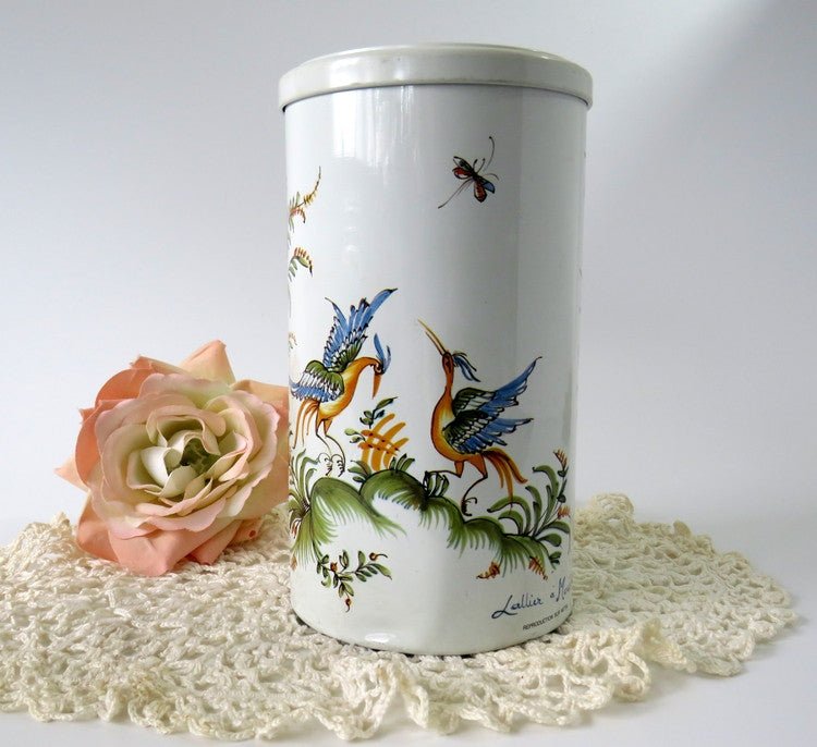 Bird & Butterfly Floral Round Tin by Massilly France, Lallier a Moustiers - GSaleHunter