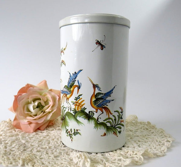 Bird & Butterfly Floral Round Tin by Massilly France, Lallier a Moustiers - GSaleHunter