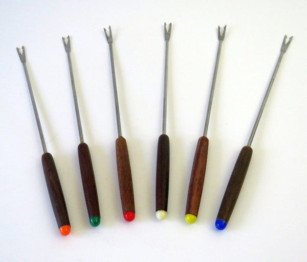 Fondue Forks Black Walnut Handled Stainless Steel Set of 6 - Japan - GSaleHunter