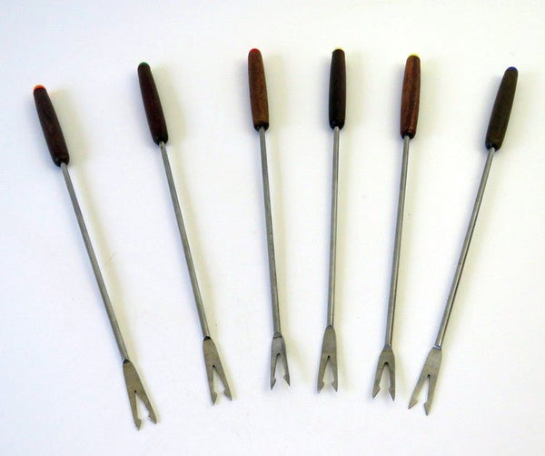 Fondue Forks Black Walnut Handled Stainless Steel Set of 6 - Japan - GSaleHunter