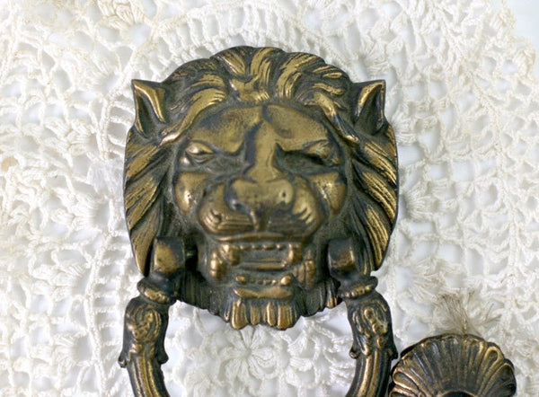 French Ornate Brass Large Lion's Head Door Knocker with Striker Plate - GSaleHunter