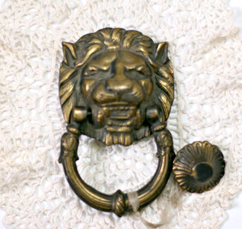 French Ornate Brass Large Lion's Head Door Knocker with Striker Plate - GSaleHunter