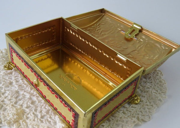 Gold & Red Fricke & Nacke Embossed Tin box w Lock, West Germany - GSaleHunter