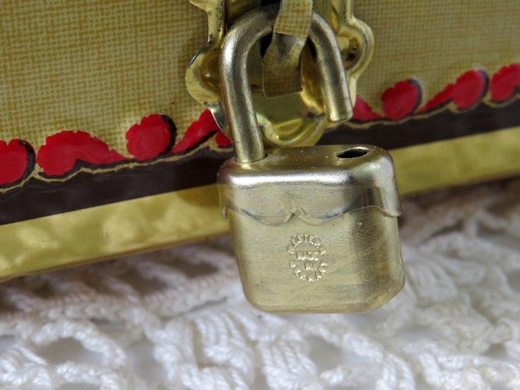 Gold & Red Fricke & Nacke Embossed Tin box w Lock, West Germany - GSaleHunter