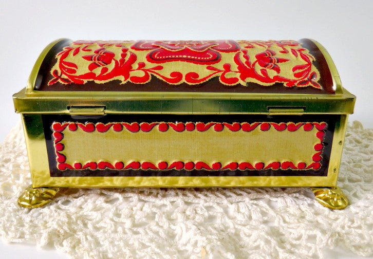 Gold & Red Fricke & Nacke Embossed Tin box w Lock, West Germany