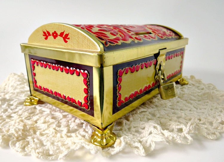 Gold & Red Fricke & Nacke Embossed Tin box w Lock, West Germany - GSaleHunter