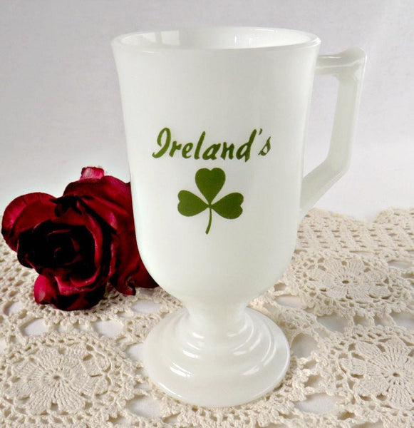Irish Coffee Ireland Shamrock Footed Milk Glass Mug 3 Leaf Clover - GSaleHunter