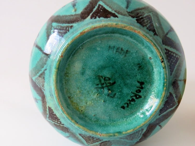 Mid Century Moroccan Turquoise Hand Painted Pottery Vase Signed - GSaleHunter