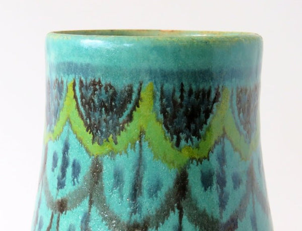 Mid Century Moroccan Turquoise Hand Painted Pottery Vase Signed - GSaleHunter