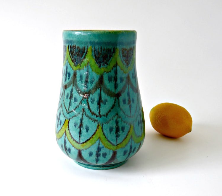 Mid Century Moroccan Turquoise Hand Painted Pottery Vase Signed - GSaleHunter