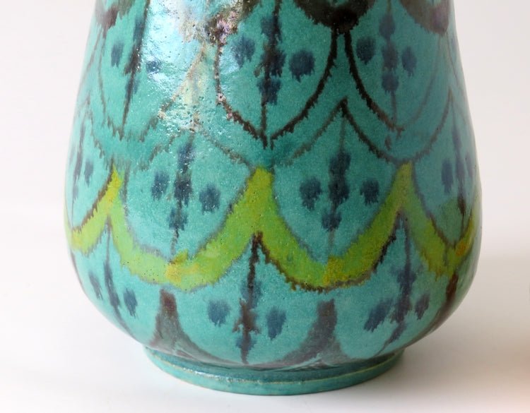 Mid Century Moroccan Turquoise Hand Painted Pottery Vase Signed - GSaleHunter
